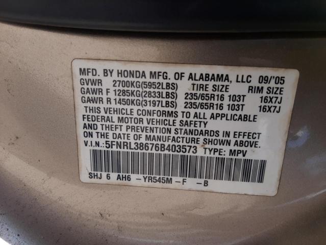 Photo 10 from auction – 2006 HONDA ODYSSEY EX with VIN 5FNRL38676B403573