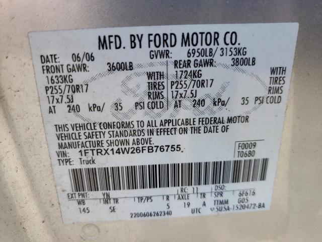 Photo 10 from auction – 2006 FORD F150 with VIN 1FTRX14W26FB76755