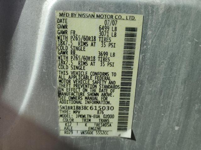 Photo 10 from auction – 2008 NISSAN PATHFINDER with VIN 5N1BR18B38C615030