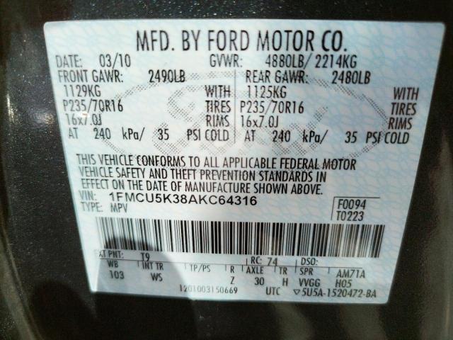 Photo 10 from auction – 2010 FORD ESCAPE HYB with VIN 1FMCU5K38AKC64316