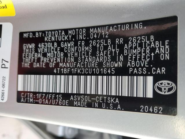 Photo 10 from auction – 2012 TOYOTA CAMRY BASE with VIN 4T1BF1FK3CU101645