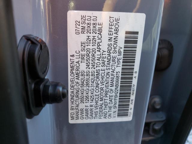 Photo 10 from auction – 2022 HONDA PILOT SE with VIN 5FNYF6H22NB066875