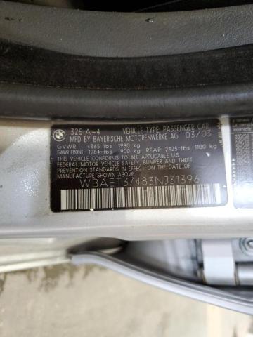 Photo 10 from auction – 2003 BMW 325I with VIN WBAET37483NJ31396