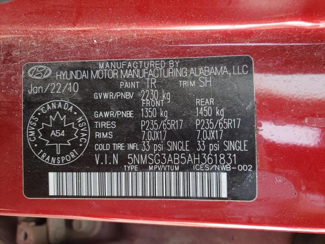 Photo 10 from auction – 2010 HYUNDAI SANTA FE G with VIN 5NMSG3AB5AH361831