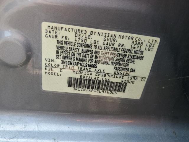 Photo 10 from auction – 2012 NISSAN VERSA S with VIN 3N1CN7AP1CL916005
