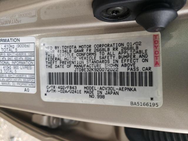 Photo 10 from auction – 2002 TOYOTA CAMRY LE with VIN JTDBE32K920072022