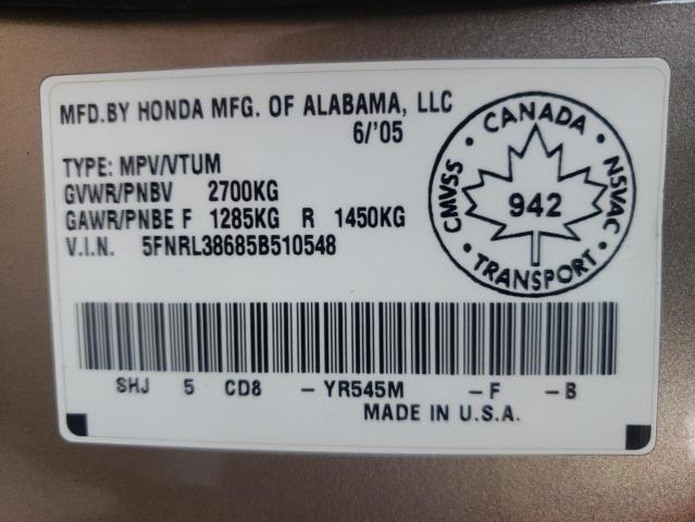 Photo 10 from auction – 2005 HONDA ODYSSEY EX with VIN 5FNRL38685B510548