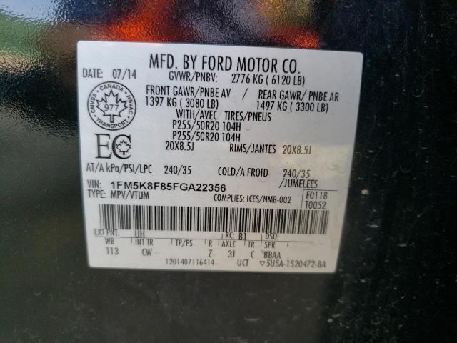 Photo 10 from auction – 2015 FORD EXPLORER L with VIN 1FM5K8F85FGA22356