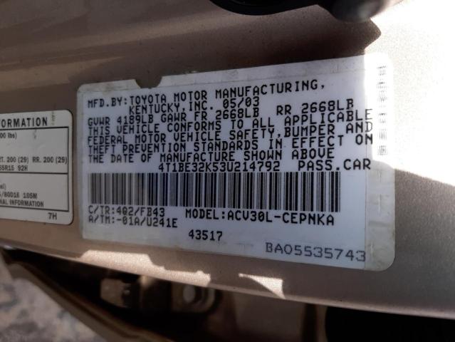 Photo 10 from auction – 2003 TOYOTA CAMRY with VIN 4T1BE32K53U214792