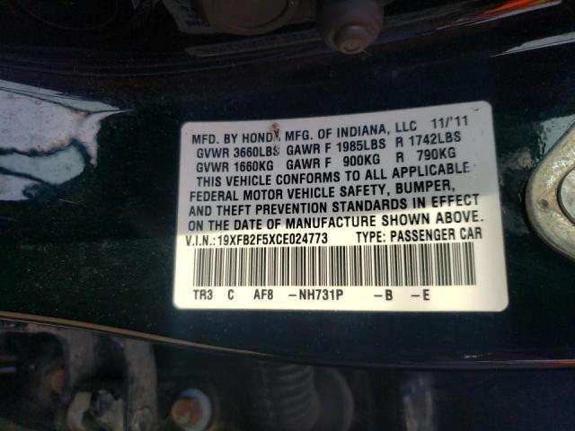 Photo 10 from auction – 2012 HONDA CIVIC LX with VIN 19XFB2F5XCE024773