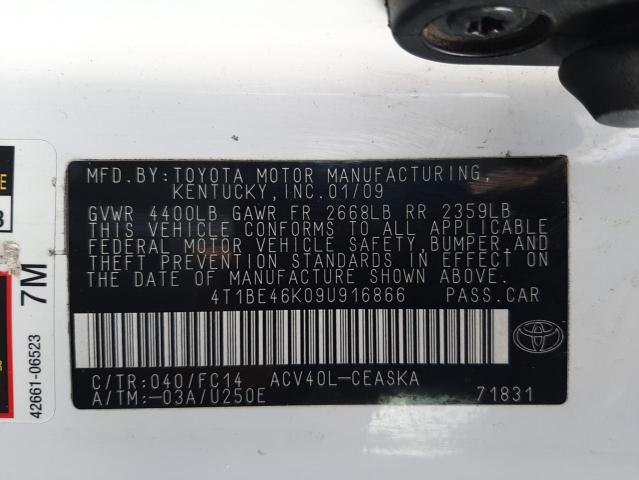 Photo 10 from auction – 2009 TOYOTA CAMRY BASE with VIN 4T1BE46K09U916866