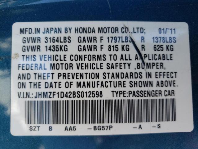 Photo 10 from auction – 2011 HONDA CR-Z with VIN JHMZF1D42BS012598