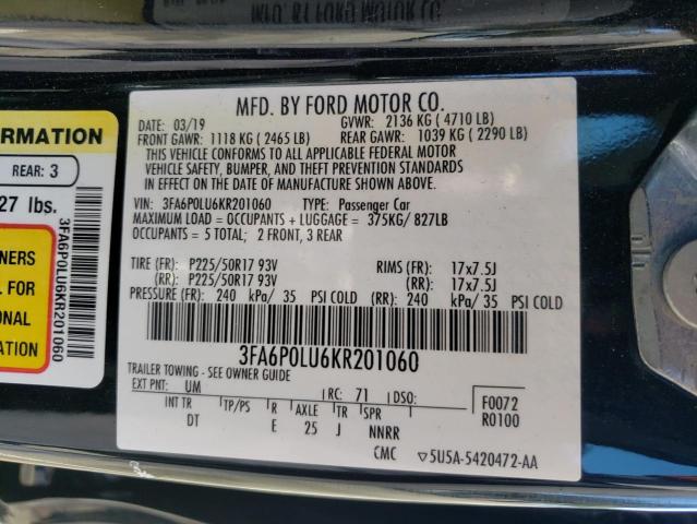 Photo 10 from auction – 2019 FORD FUSION SE with VIN 3FA6P0LU6KR201060