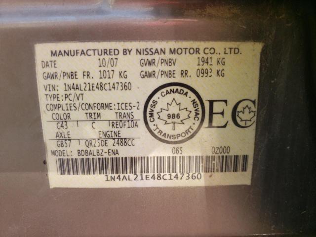 Photo 10 from auction – 2008 NISSAN ALTIMA 2.5 with VIN 1N4AL21E48C147360
