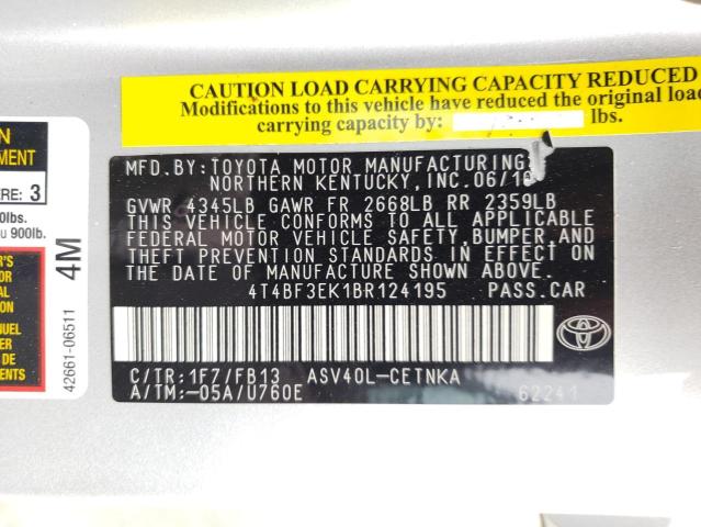 Photo 10 from auction – 2011 TOYOTA CAMRY BASE with VIN 4T4BF3EK1BR124195
