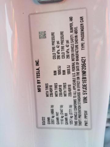 Photo 10 from auction – 2022 TESLA MODEL 3 with VIN 5YJ3E1EB1NF206421