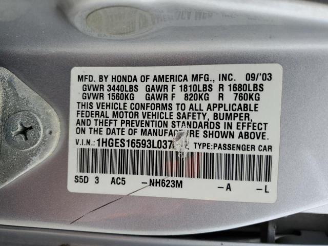 Photo 10 from auction – 2003 HONDA CIVIC LX with VIN 1HGES16593L037612