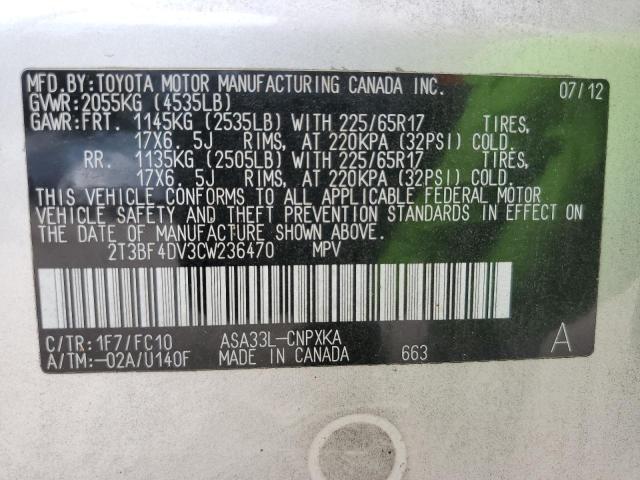 Photo 10 from auction – 2012 TOYOTA RAV4 with VIN 2T3BF4DV3CW236470