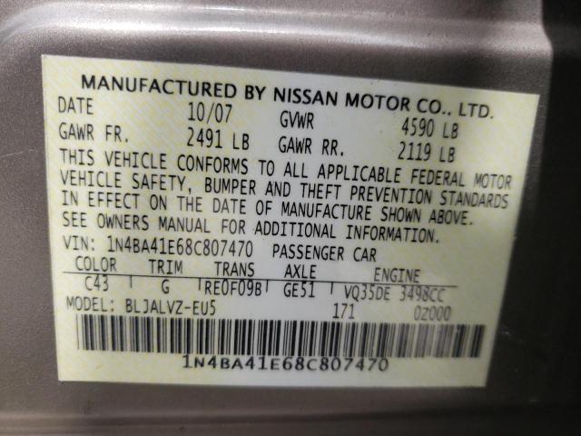 Photo 10 from auction – 2008 NISSAN MAXIMA SE with VIN 1N4BA41E68C807470