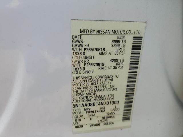 Photo 10 from auction – 2004 NISSAN ARMADA SE with VIN 5N1AA08B14N701903