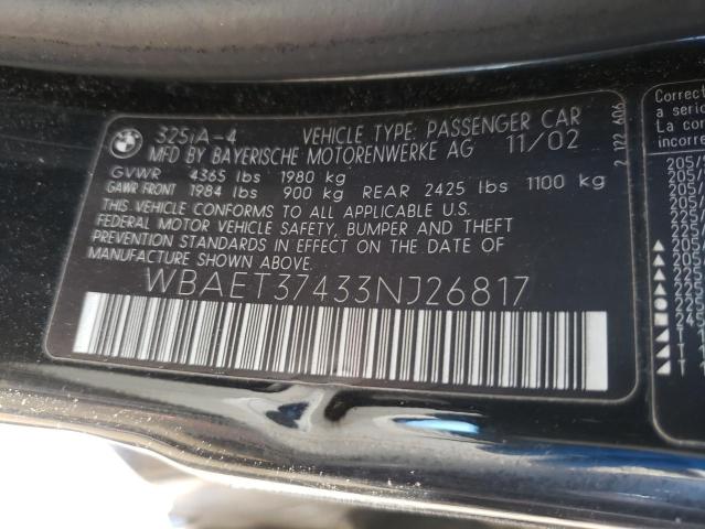 Photo 10 from auction – 2003 BMW 325 I with VIN WBAET37433NJ26817