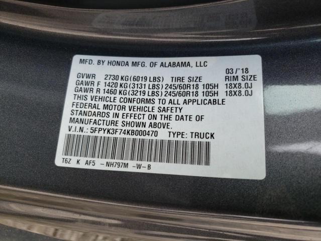 Photo 10 from auction – 2019 HONDA RIDGELINE with VIN 5FPYK3F74KB000470