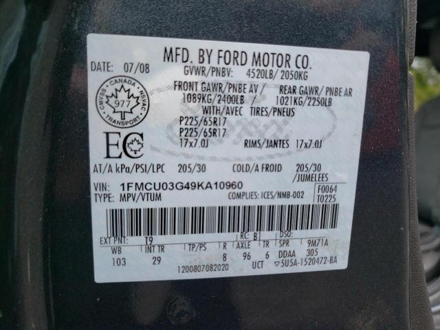 Photo 10 from auction – 2009 FORD ESCAPE XLT with VIN 1FMCU03G49KA10960
