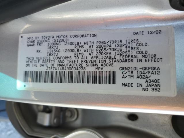 Photo 10 from auction – 2003 TOYOTA 4RUNNER SR with VIN JTEZU14R430004238