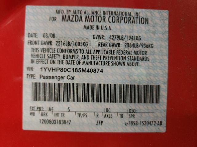 Photo 10 from auction – 2008 MAZDA 6 I with VIN 1YVHP80C185M40874