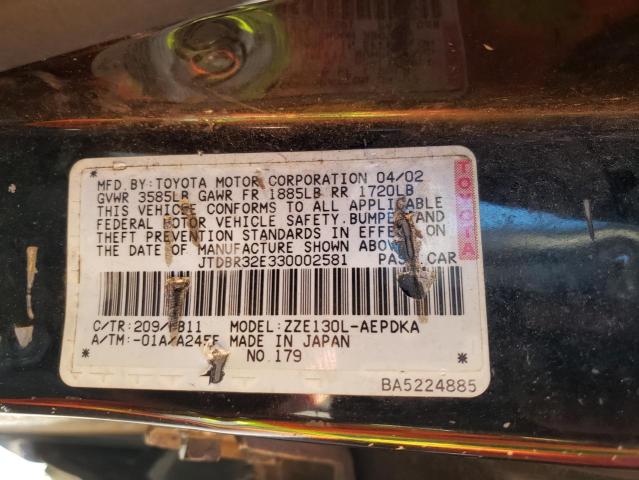 Photo 10 from auction – 2003 TOYOTA COROLLA CE with VIN JTDBR32E330002581