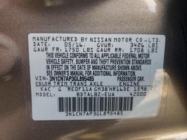 Photo 10 from auction – 2016 NISSAN VERSA S with VIN 3N1CN7AP3GL895485