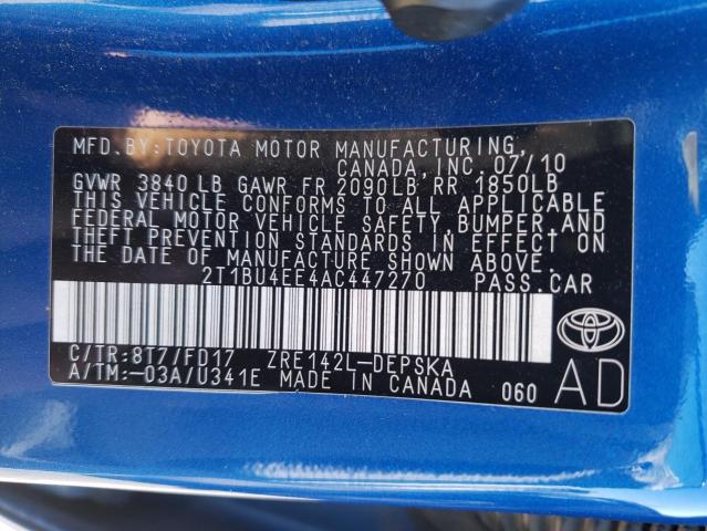 Photo 10 from auction – 2010 TOYOTA COROLLA BA with VIN 2T1BU4EE4AC447270
