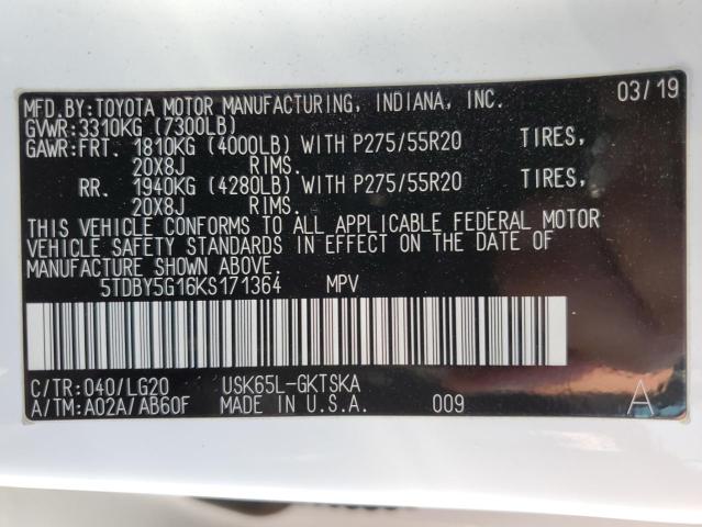 Photo 10 from auction – 2019 TOYOTA SEQUOIA SR with VIN 5TDBY5G16KS171364