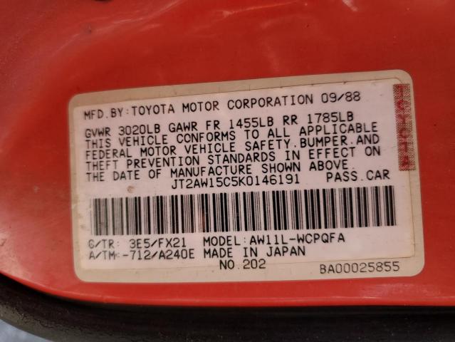 Photo 10 from auction – 1989 TOYOTA MR2 with VIN JT2AW15C5K0146191