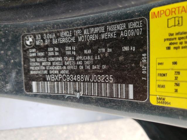 Photo 10 from auction – 2008 BMW X3 3.0SI with VIN WBXPC93488WJ03235