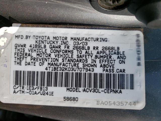 Photo 10 from auction – 2003 TOYOTA CAMRY LE with VIN 4T1BE32K03U707943