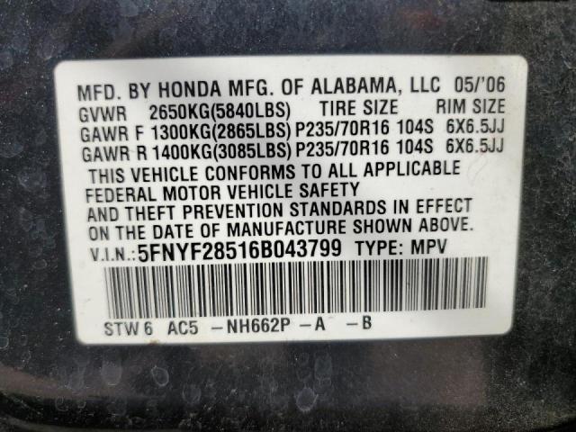 Photo 10 from auction – 2006 HONDA PILOT EX with VIN 5FNYF28516B043799