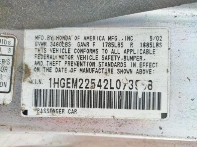 Photo 10 from auction – 2002 HONDA CIVIC LX with VIN 1HGEM22542L073938