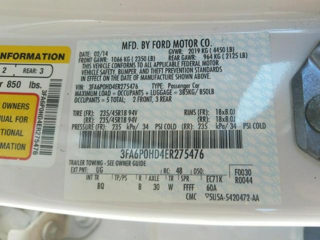 Photo 10 from auction – 2014 FORD FUSION SE with VIN 3FA6P0HD4ER275476