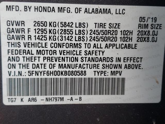 Photo 10 from auction – 2019 HONDA PILOT ELIT with VIN 5FNYF6H00KB080588