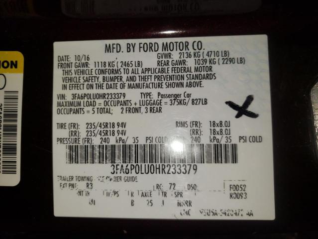 Photo 10 from auction – 2017 FORD FUSION SE with VIN 3FA6P0LU0HR233379