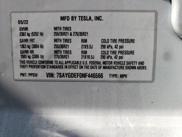 Photo 10 from auction – 2022 TESLA MODEL Y with VIN 7SAYGDEF0NF446566