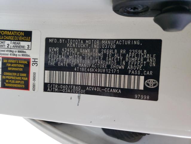 Photo 10 from auction – 2009 TOYOTA CAMRY BASE with VIN 4T1BE46K49U812171