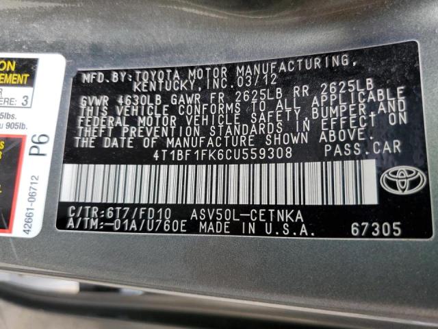 Photo 10 from auction – 2012 TOYOTA CAMRY BASE with VIN 4T1BF1FK6CU559308