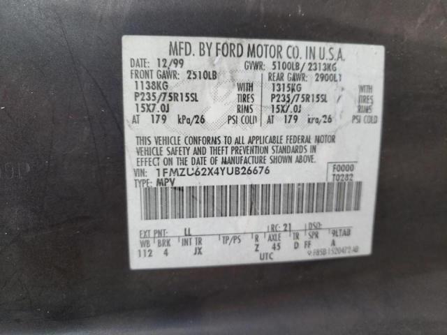 Photo 10 from auction – 2000 FORD EXPLORER X with VIN 1FMZU62X4YUB26676