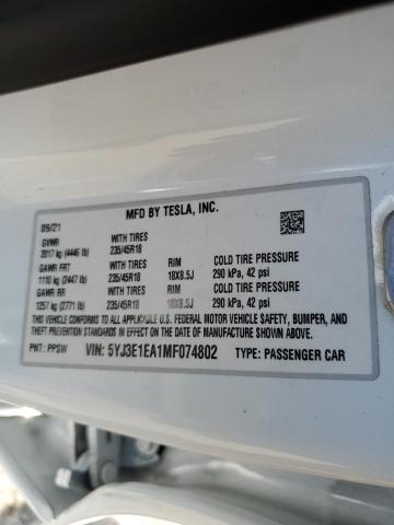 Photo 10 from auction – 2021 TESLA MODEL 3 with VIN 5YJ3E1EA1MF074802