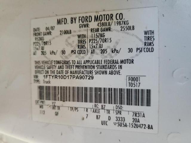 Photo 10 from auction – 2007 FORD RANGER with VIN 1FTYR10D17PA90729