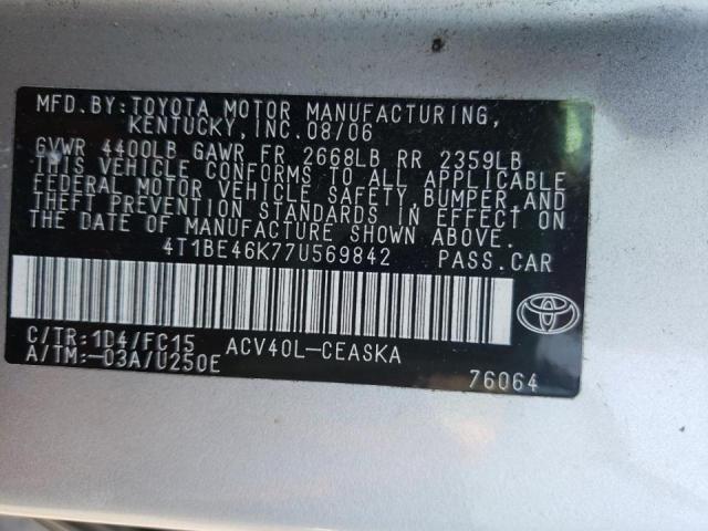 Photo 10 from auction – 2007 TOYOTA CAMRY CE with VIN 4T1BE46K77U569842