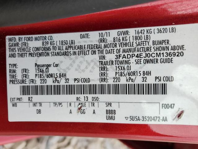 Photo 10 from auction – 2012 FORD FIESTA SE with VIN 3FADP4EJ0CM136920