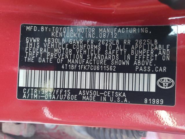 Photo 10 from auction – 2012 TOYOTA CAMRY BASE with VIN 4T1BF1FK7CU611562